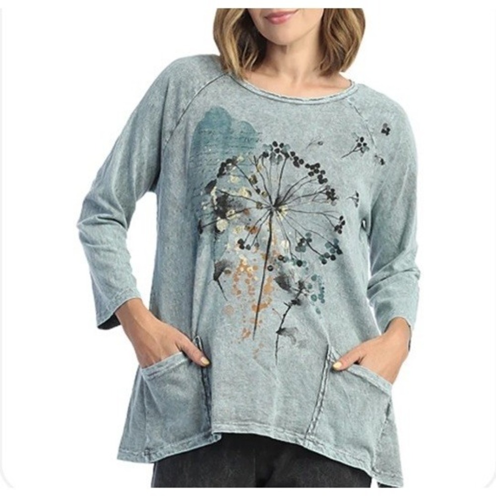 Jess & Jane Blue Mineral Wash Dandelion 1X Long Tunic Slub Pockets Lagenlook Top